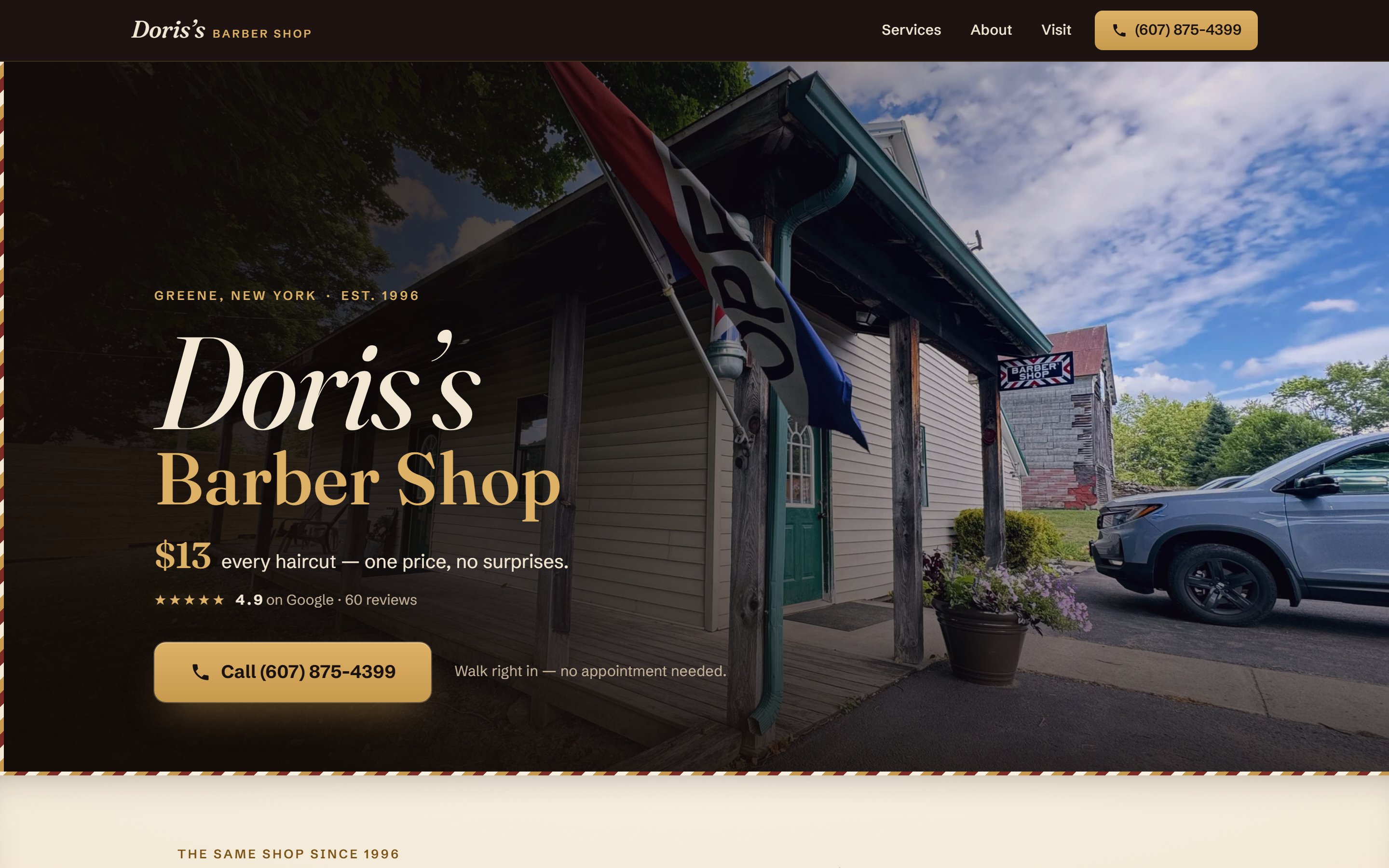 The live Doris's Barber Shop website, built and run by Williamson Automation